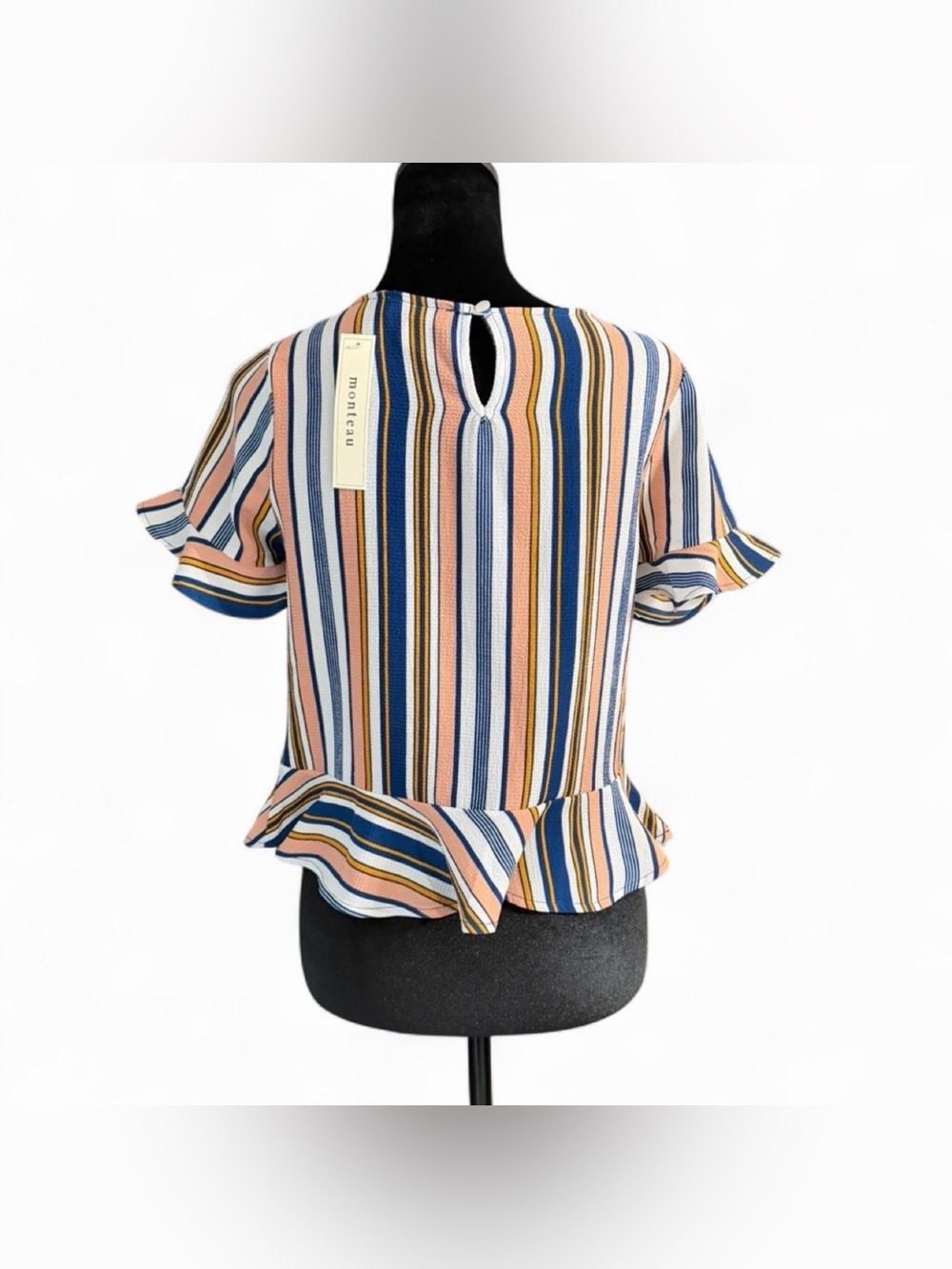 Monteau Los Angeles NWT Striped Peplum Blouse Size Small Flutter Sleeve Chevron - Picture 4 of 6